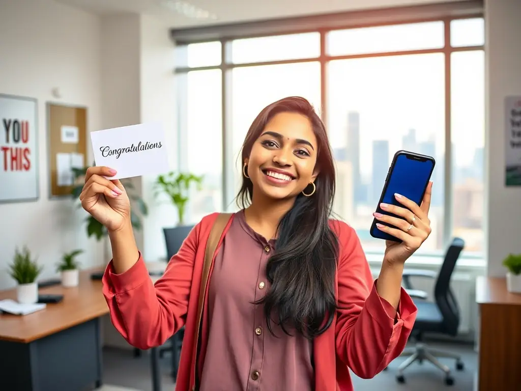 An image of a young professional celebrating a promotion with colleagues in an Indian corporate setting, showcasing career advancement and success.