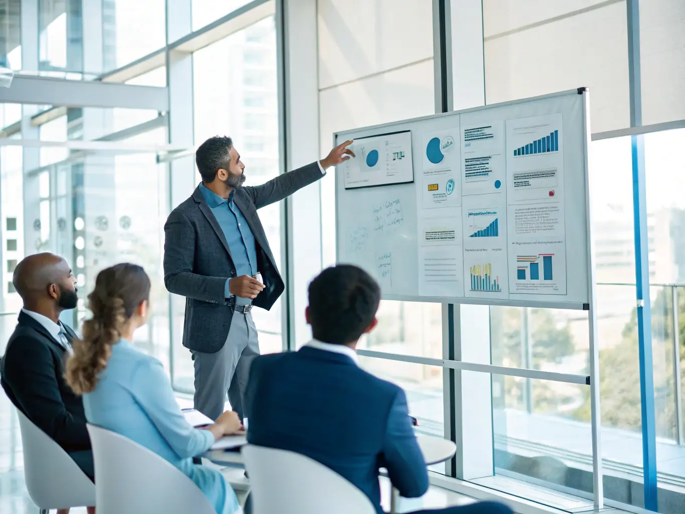 An Indian professional confidently presenting career growth strategies to a team, with visual aids showcasing upward mobility and skill development.
