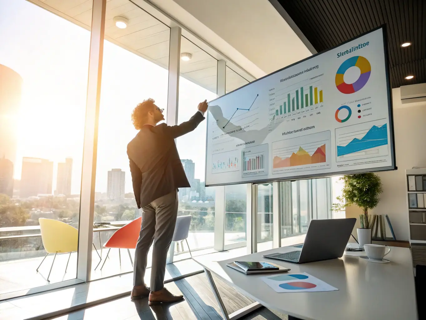 A professional Indian business coach in a modern office setting, guiding a client through a strategic planning session, with charts and graphs visible in the background, symbolizing business growth and success.